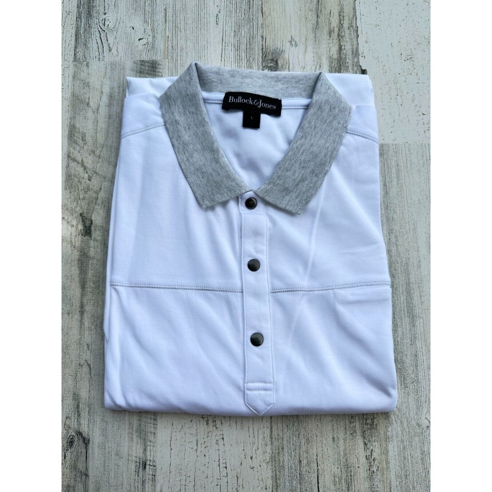 New Bullock & Jones Snap Polo Shirt Golf White Gray Men Large Sharp!
